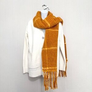 Kate Spade New York Mustard Yellow Plaid Wool Blend Fringe Scarf Logo Charm